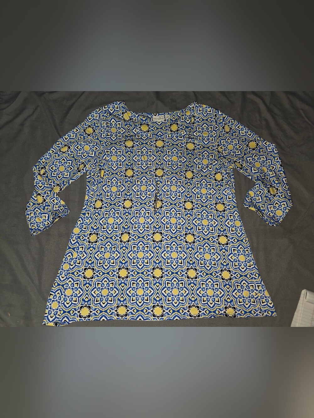 Kim Rogers Blue and Yellow Geometric Print Top